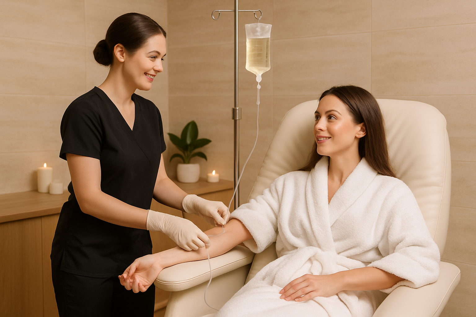 Professional administering IV hydration therapy in a spalike setting